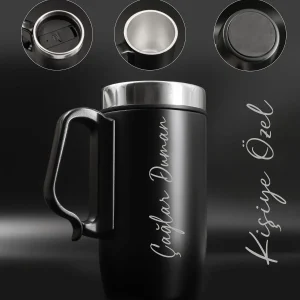 Kişiye Özel Çift Katmanlı 280ml Mat Siyah  Kulplu Paslanmaz Çelik Termos Bardak Mug Kupa Çay Kahve - Siyah