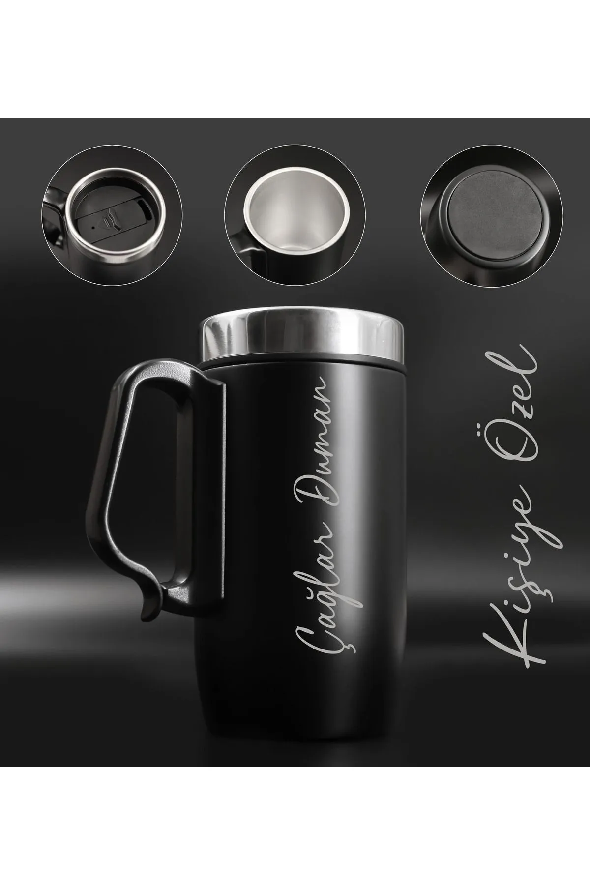 Kişiye Özel Çift Katmanlı 280ml Mat Siyah Kulplu Paslanmaz Çelik Termos Bardak Mug Kupa Çay Kahve - Siyah