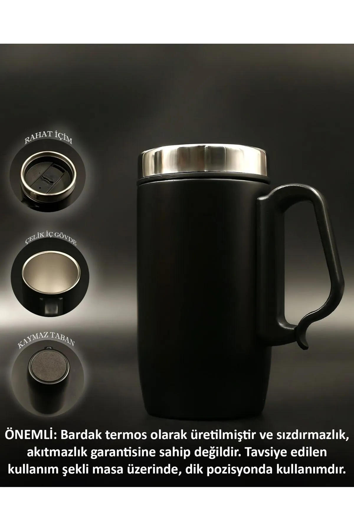 Kişiye Özel Çift Katmanlı 280ml Mat Siyah Kulplu Paslanmaz Çelik Termos Bardak Mug Kupa Çay Kahve - Siyah - Görsel 3
