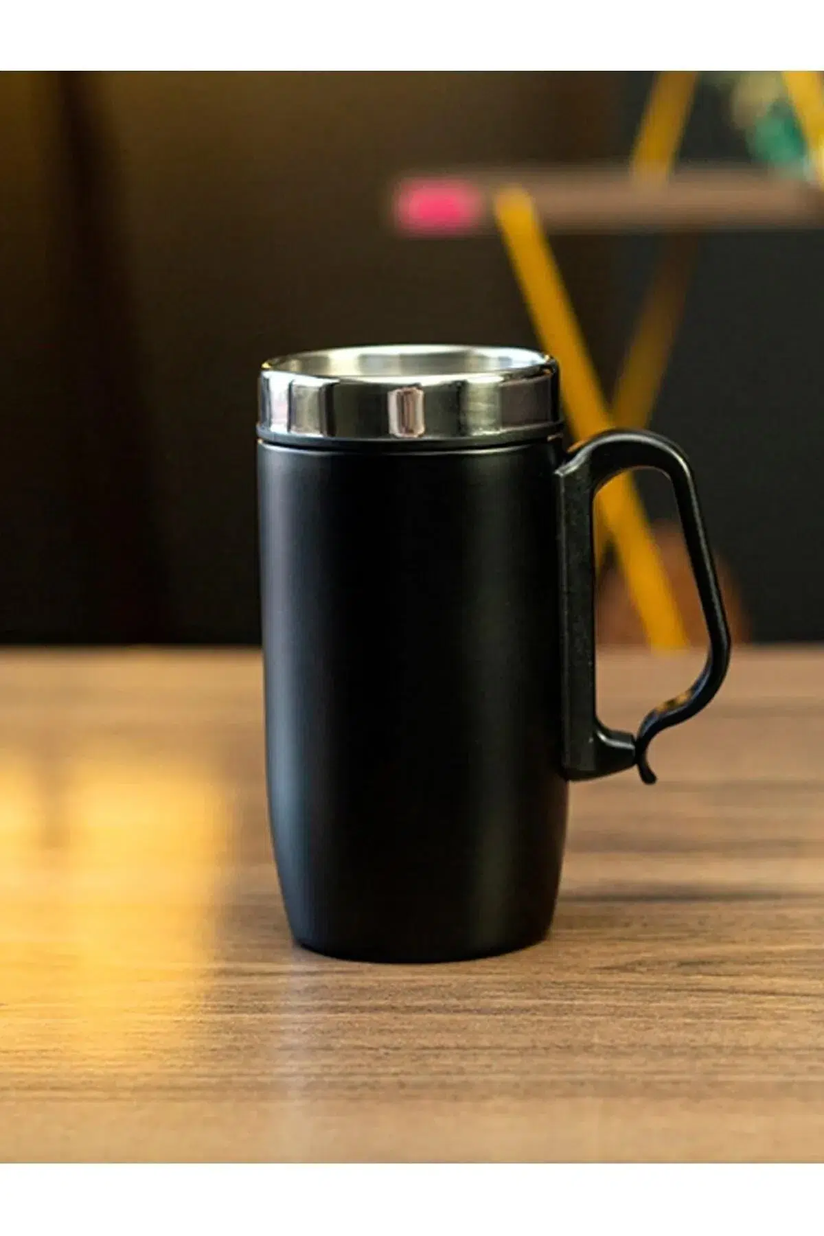 Kişiye Özel Çift Katmanlı 280ml Mat Siyah Kulplu Paslanmaz Çelik Termos Bardak Mug Kupa Çay Kahve - Siyah - Görsel 4