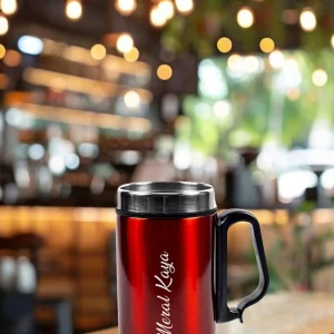 Kişiye Özel Çift Katmanlı 280ml Mat Siyah  Kulplu Paslanmaz Çelik Termos Bardak Mug Kupa Çay Kahve - Beyaz