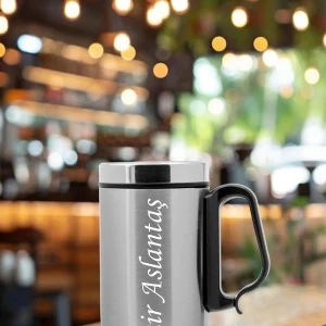 Kişiye Özel Çift Katmanlı 280ml Mat Siyah  Kulplu Paslanmaz Çelik Termos Bardak Mug Kupa Çay Kahve