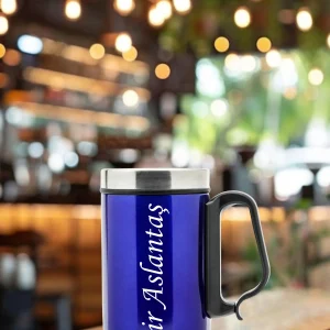 Kişiye Özel Çift Katmanlı 280ml Mat Siyah  Kulplu Paslanmaz Çelik Termos Bardak Mug Kupa Çay Kahve - Mavi