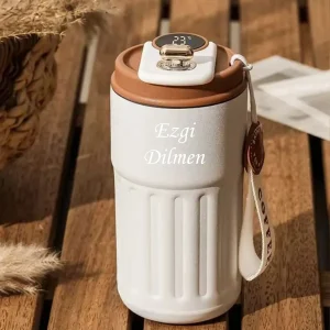 Kişiye Özel Dijital Göstergeli  Paslanmaz 316 Çelik Termos 400ml Bardak Mug Kupa Termos - Kahverengi