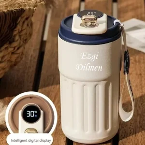 Kişiye Özel Dijital Göstergeli  Paslanmaz 316 Çelik Termos 400ml Bardak Mug Kupa Termos - Mavi