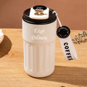 Kişiye  Özel Dijital Göstergeli Paslanmaz 316 Çelik Termos 400ml Bardak Mug Kupa  Termos - Siyah