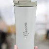 Kişiye Özel Isim Baskılı 500 Ml Çift  Katmanlı 304 Çelik Kaydırmaz Taban Araç Termos Mug Coffee - Beyaz