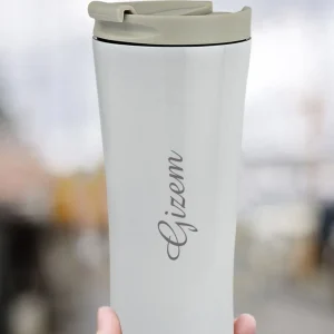 Kişiye Özel Isim Baskılı 500 Ml Çift  Katmanlı 304 Çelik Kaydırmaz Taban Araç Termos Mug Coffee - Beyaz