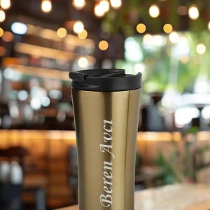 Kişiye Özel Isim Baskılı 500 Ml Çift  Katmanlı 304 Çelik Kaydırmaz Taban Araç Termos Mug Coffee - Gold