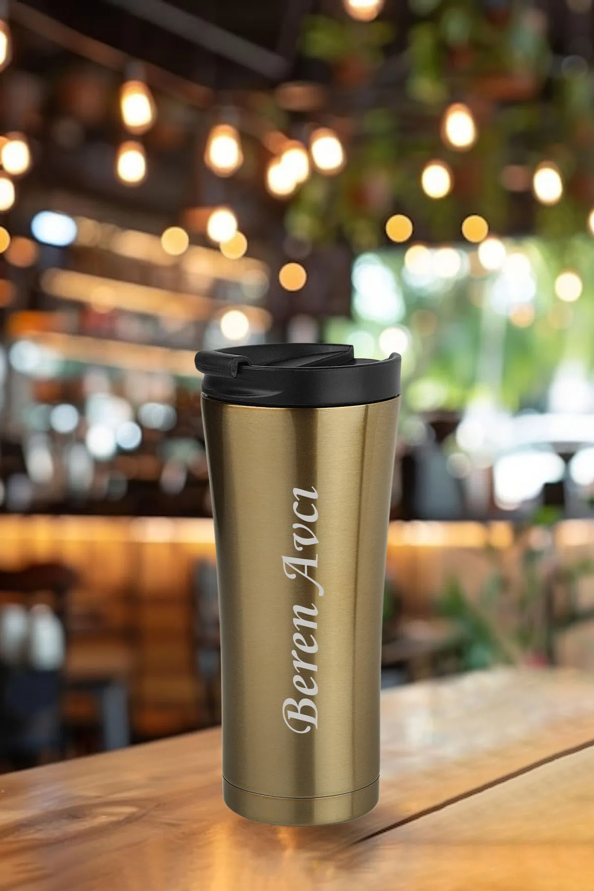 Kişiye Özel Isim Baskılı 500 Ml Çift Katmanlı 304 Çelik Kaydırmaz Taban Araç Termos Mug Coffee - Gold