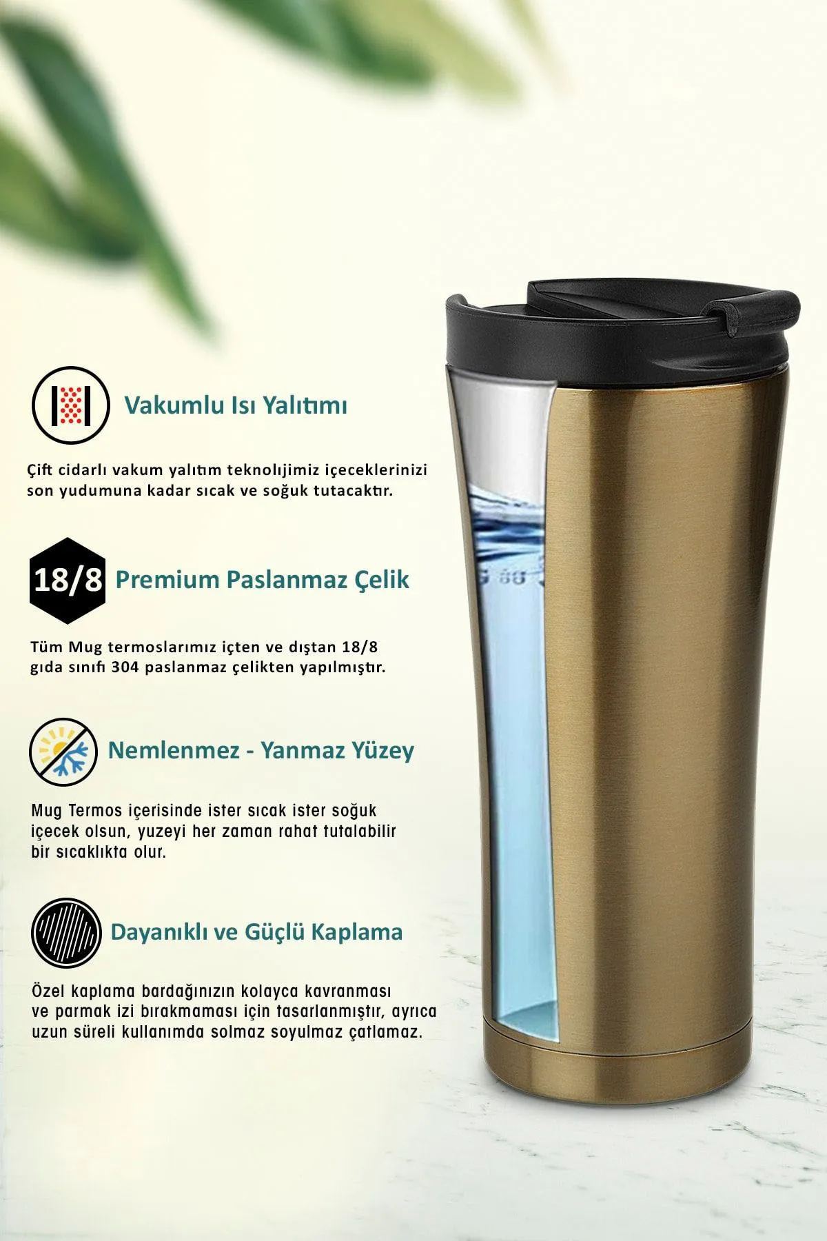 Kişiye Özel Isim Baskılı 500 Ml Çift Katmanlı 304 Çelik Kaydırmaz Taban Araç Termos Mug Coffee - Gold - Görsel 3