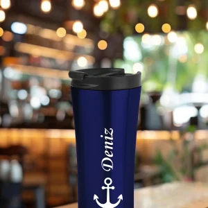 Kişiye Özel Isim Baskılı 500 Ml Çift  Katmanlı 304 Çelik Kaydırmaz Taban Araç Termos Mug Coffee - Mavi
