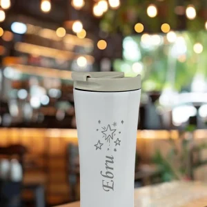 Kişiye Özel Isim  Baskılı 500 Ml Çift Katmanlı 304 Çelik Kaydırmaz Taban Araç Termos Mug Coffee - Beyaz