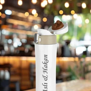 Kişiye Özel Isim Baskılı Termos Kilit Sistemli Sızdırmaz 304 Paslanmaz  Çelik 450 ml Termos - Beyaz