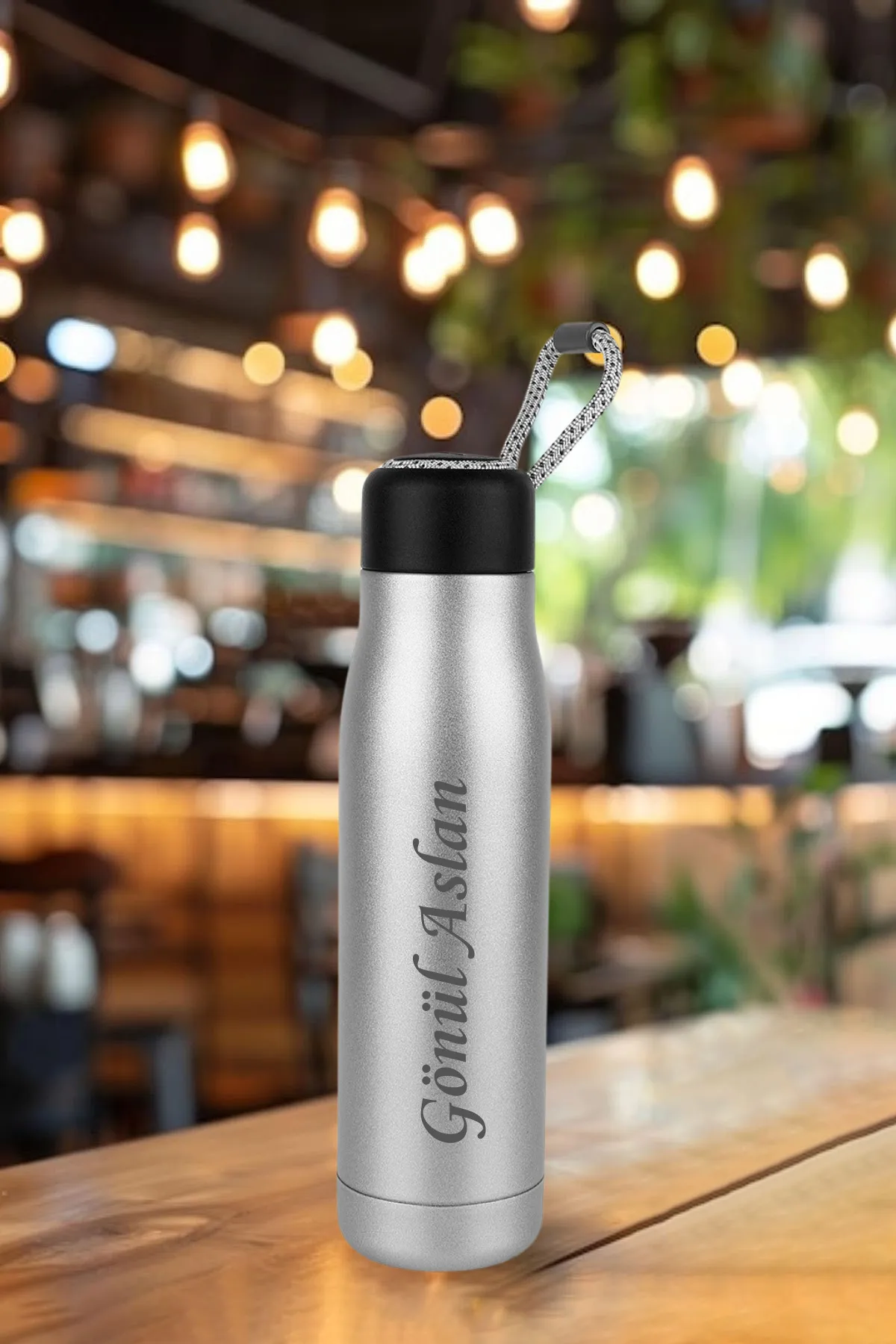 Kişiye Özel Isimli Baskılı Termos 600 ml Çift Katmanlı 304 Çelik Taşıma Ipli Termos Mug Matara - Metal - Görsel 2