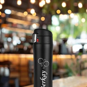 Kişiye Özel Isimli Baskılı Termos Kilit  Sistemli Sızdırmaz 304 Paslanmaz Çelik 450 ml Termos - Siyah