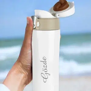 Kişiye Özel Isimli Baskılı Termos Kilit  Sistemli Sızdırmaz 304 Paslanmaz Çelik 450 ml Termos - Beyaz