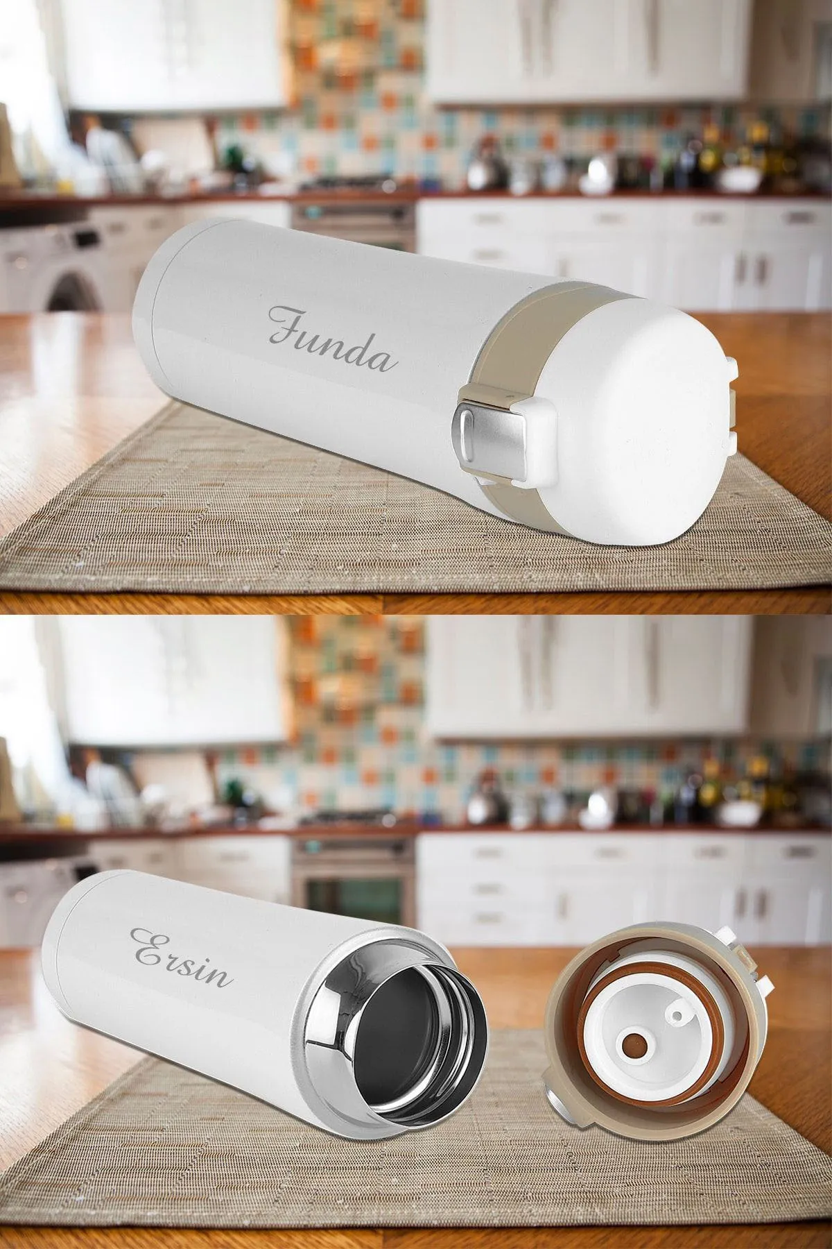 Kişiye Özel Isimli Baskılı Termos Kilit Sistemli Sızdırmaz 304 Paslanmaz Çelik 450 ml Termos - Beyaz - Görsel 2