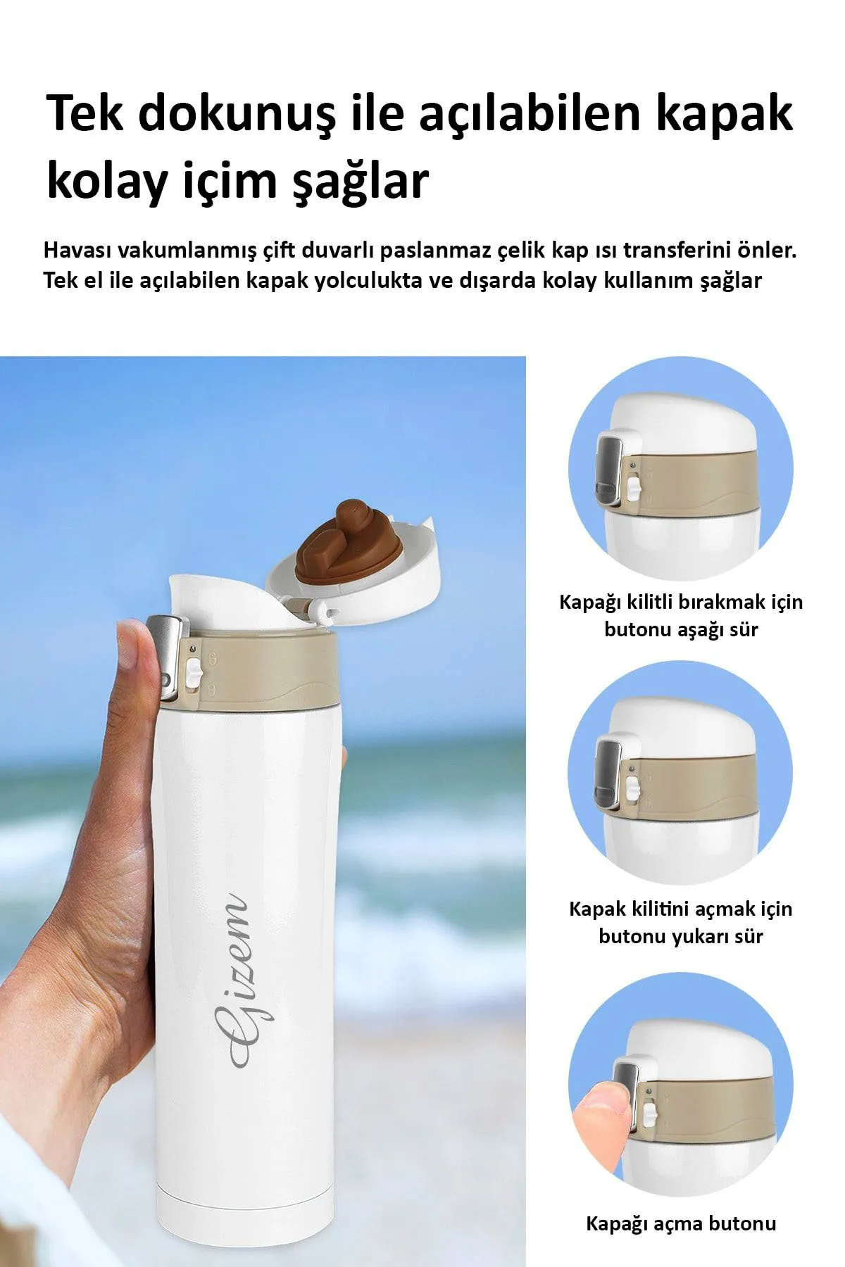 Kişiye Özel Isimli Baskılı Termos Kilit Sistemli Sızdırmaz 304 Paslanmaz Çelik 450 ml Termos - Beyaz - Görsel 3