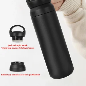 Kişiye Özel Isimli Termos Kulplu Filtreli  500 ml Çift Katman 304 Paslanmaz Çelik Matara - Siyah
