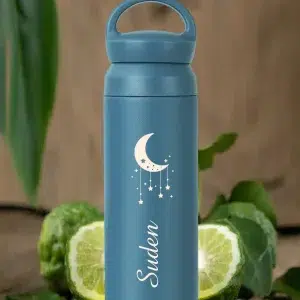 Kişiye Özel Isimli Termos Kulplu  Filtreli 500 ml Çift Katman 304 Paslanmaz Çelik Matara - Mavi
