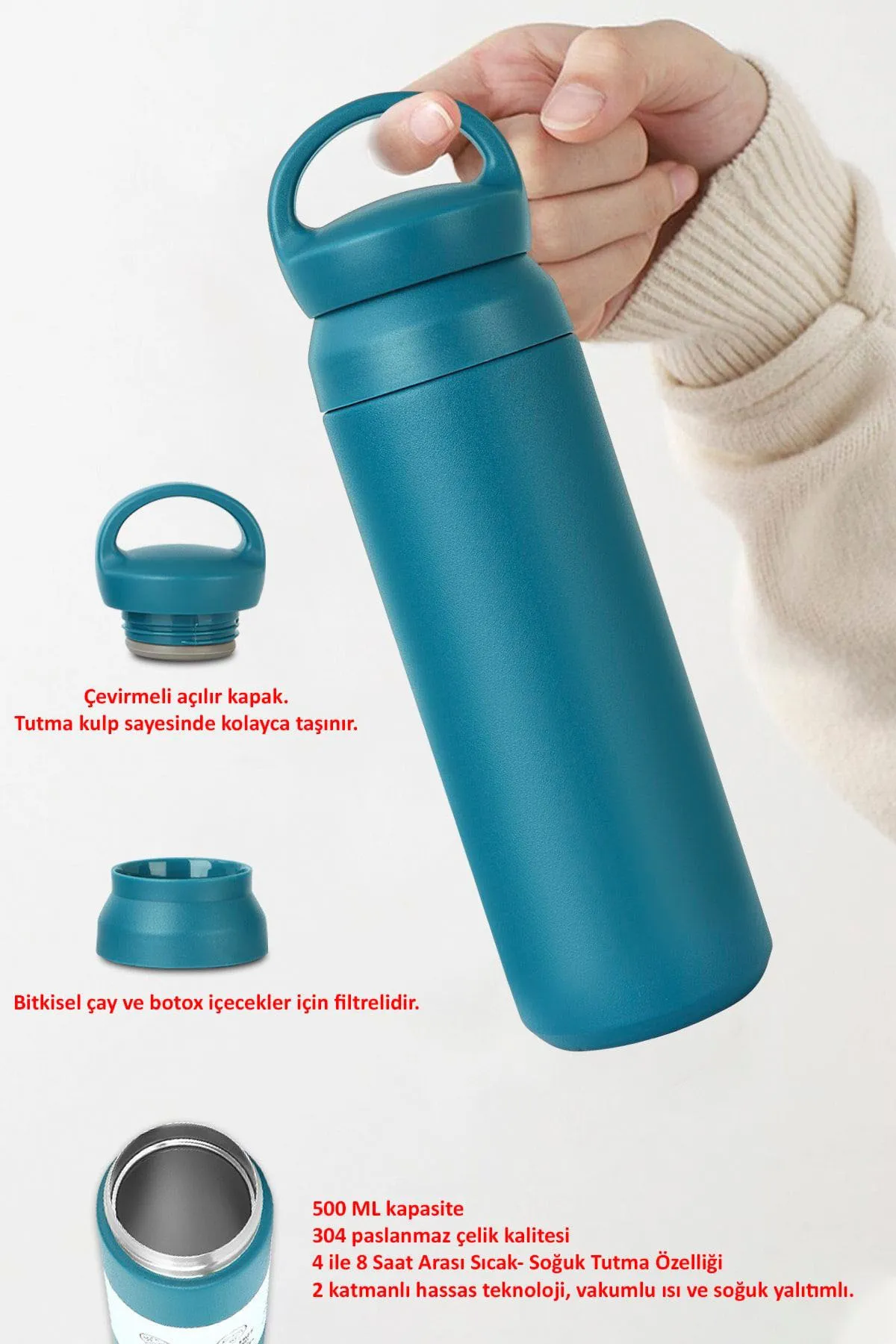 Kişiye Özel Isimli Termos Kulplu Filtreli 500 ml Çift Katman 304 Paslanmaz Çelik Matara - Mavi - Görsel 5