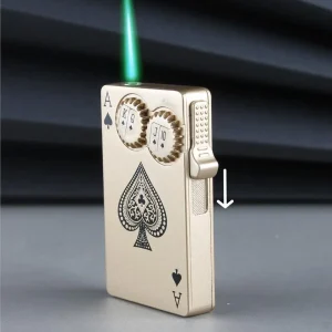 Kişiye Özel İskambil Kartı Şeklinde Çarklı Özel Tasarım Yeşil Torch  Alevli Siyah Gazlı Çakmak - Gold