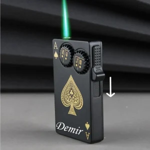 Kişiye Özel İskambil Kartı Şeklinde Özel  Tasarım Yeşil Torch Alevli Siyah Gazlı Çakmak - Siyah