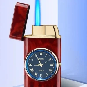 Kişiye Özel Lüks Saatli Pürmüzlü Gazlı  Çakmak -Kahverengi