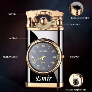 Kişiye Özel Lüks Saatli Pürmüzlü Gazlı  Çakmak - Parlak Siyah