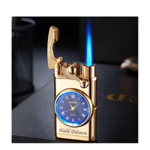 Kişiye Özel Lüks Saatli Pürmüzlü Gazlı  Çakmak - Gold