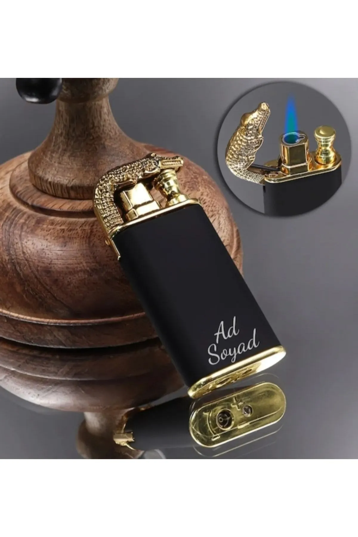 Kişiye Özel Timsah Figürlü Çift Alev Gazlı Ejderha Alevi Çakmak Özel Kutusunda - Siyah - Görsel 2